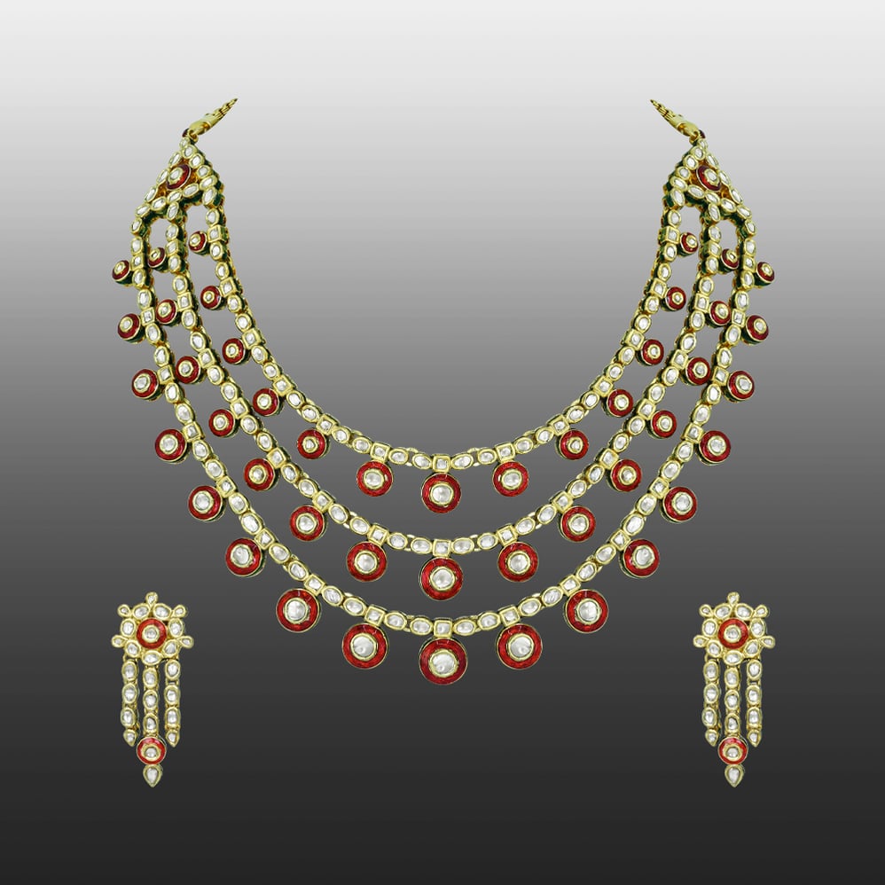 Layered Polki Necklace Set with Red Enamel and Circular Motifs